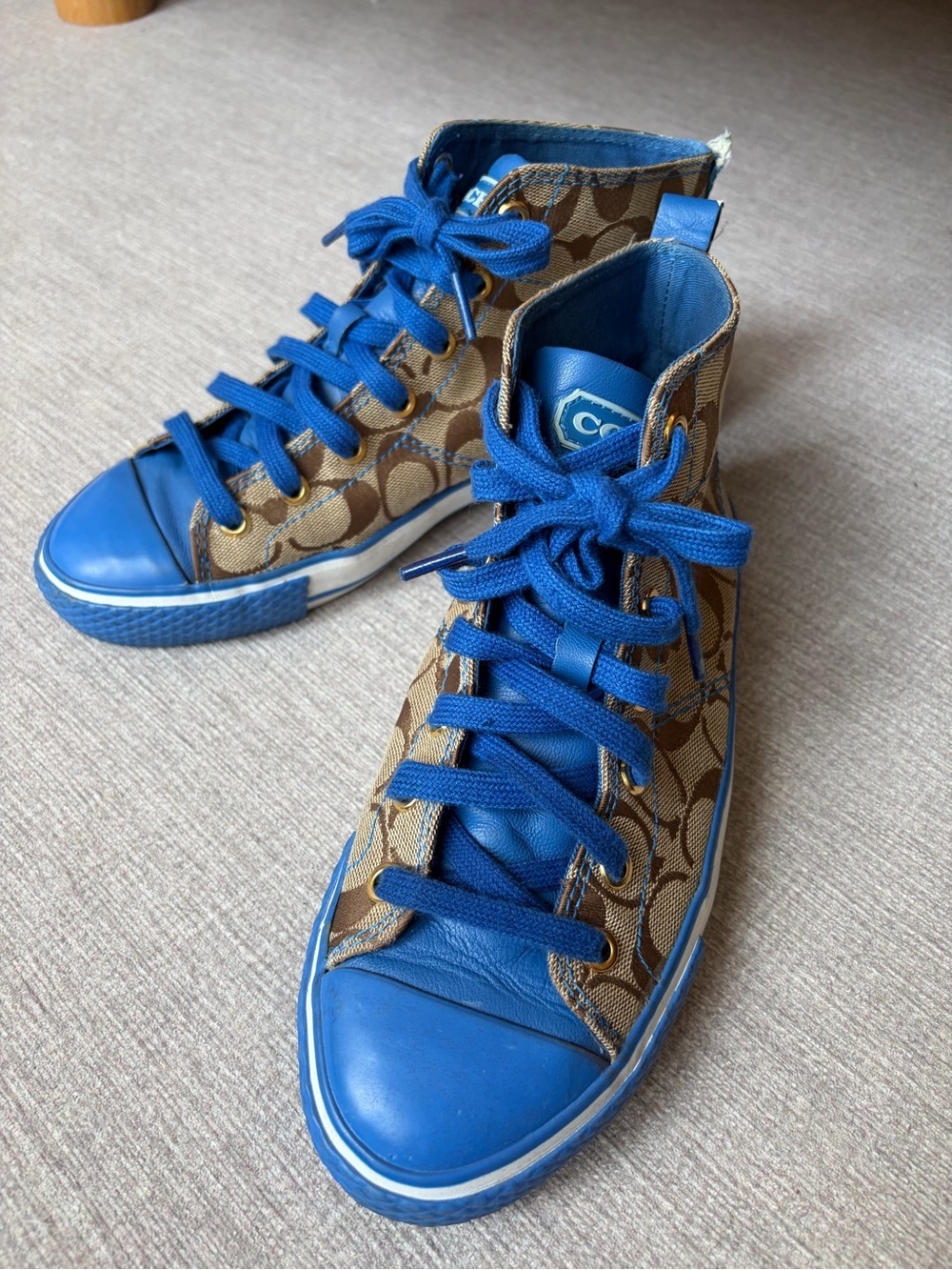 Coach Brown Signature Canvas High-Top Sneakers with Bright Blue Accents, 7.5 B
